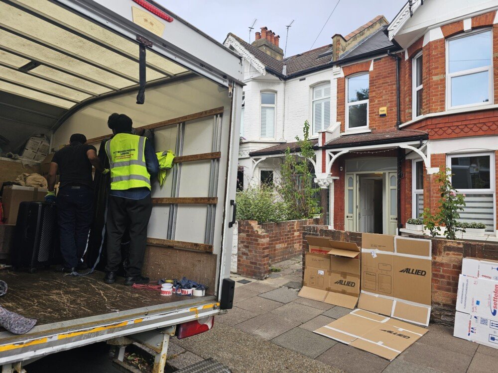Organized office relocation with packed boxes and furniture ready for a smooth move. Professional movers ensure safe handling during corporate shifting.